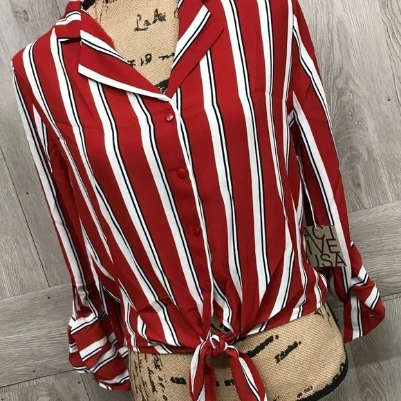 Red Striped Tie Front Button Up Adjustable BB793 - Picture 7 of 8